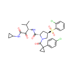 CC(C)[C@H](NC(=O)[C@@H]1C[C@@H](S(=O)(=O)c2ccccc2Cl)CN1C(=O)C1(c2ccc(Cl)cc2)CC1)C(=O)C(=O)NC1CC1 ZINC000169702108