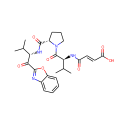 CC(C)[C@H](NC(=O)[C@@H]1CCCN1C(=O)[C@@H](NC(=O)/C=C/C(=O)O)C(C)C)C(=O)c1nc2ccccc2o1 ZINC000013438239