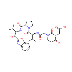 CC(C)[C@H](NC(=O)[C@@H]1CCCN1C(=O)[C@@H](NC(=O)CN1CCC(=O)N(CC(=O)O)C1=O)C(C)C)C(=O)c1nc2ccccc2o1 ZINC000049757158