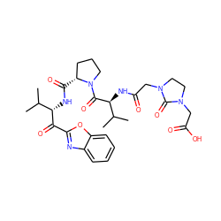 CC(C)[C@H](NC(=O)[C@@H]1CCCN1C(=O)[C@@H](NC(=O)CN1CCN(CC(=O)O)C1=O)C(C)C)C(=O)c1nc2ccccc2o1 ZINC000049757189