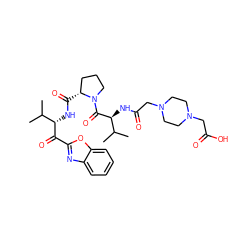 CC(C)[C@H](NC(=O)[C@@H]1CCCN1C(=O)[C@@H](NC(=O)CN1CCN(CC(=O)O)CC1)C(C)C)C(=O)c1nc2ccccc2o1 ZINC000049757287