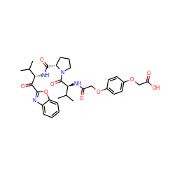 CC(C)[C@H](NC(=O)[C@@H]1CCCN1C(=O)[C@@H](NC(=O)COc1ccc(OCC(=O)O)cc1)C(C)C)C(=O)c1nc2ccccc2o1 ZINC000049757278