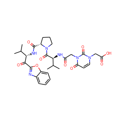 CC(C)[C@H](NC(=O)[C@@H]1CCCN1C(=O)[C@@H](NC(=O)Cn1c(=O)ccn(CC(=O)O)c1=O)C(C)C)C(=O)c1nc2ccccc2o1 ZINC000049756825