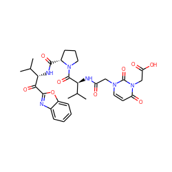 CC(C)[C@H](NC(=O)[C@@H]1CCCN1C(=O)[C@@H](NC(=O)Cn1ccc(=O)n(CC(=O)O)c1=O)C(C)C)C(=O)c1nc2ccccc2o1 ZINC000003842680