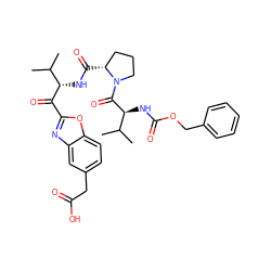 CC(C)[C@H](NC(=O)[C@@H]1CCCN1C(=O)[C@@H](NC(=O)OCc1ccccc1)C(C)C)C(=O)c1nc2cc(CC(=O)O)ccc2o1 ZINC000027312894