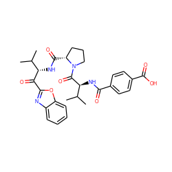 CC(C)[C@H](NC(=O)[C@@H]1CCCN1C(=O)[C@@H](NC(=O)c1ccc(C(=O)O)cc1)C(C)C)C(=O)c1nc2ccccc2o1 ZINC000027316115