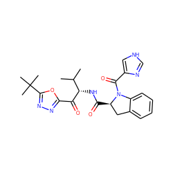 CC(C)[C@H](NC(=O)[C@@H]1Cc2ccccc2N1C(=O)c1c[nH]cn1)C(=O)c1nnc(C(C)(C)C)o1 ZINC000013862587