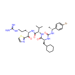 CC(C)[C@H](NC(=O)[C@H](CC1CCCCC1)NC(=O)N[C@H](C)c1ccc(Br)cc1)C(=O)N[C@@H](CCCNC(=N)N)C(=O)c1nccs1 ZINC000029125471