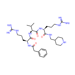 CC(C)[C@H](NC(=O)[C@H](CCCNC(=N)N)NC(=O)Cc1ccccc1)C(=O)N[C@@H](CCCNC(=N)N)C(=O)NCC1CCNCC1 ZINC000049680208