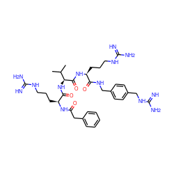 CC(C)[C@H](NC(=O)[C@H](CCCNC(=N)N)NC(=O)Cc1ccccc1)C(=O)N[C@@H](CCCNC(=N)N)C(=O)NCc1ccc(CNC(=N)N)cc1 ZINC000049679035