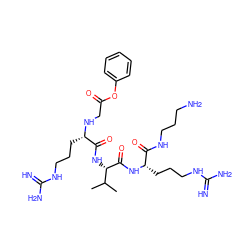 CC(C)[C@H](NC(=O)[C@H](CCCNC(=N)N)NCC(=O)Oc1ccccc1)C(=O)N[C@@H](CCCNC(=N)N)C(=O)NCCCN ZINC000084669385