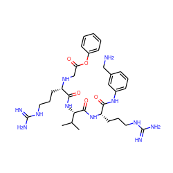 CC(C)[C@H](NC(=O)[C@H](CCCNC(=N)N)NCC(=O)Oc1ccccc1)C(=O)N[C@@H](CCCNC(=N)N)C(=O)Nc1cccc(CN)c1 ZINC000084670973