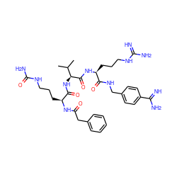 CC(C)[C@H](NC(=O)[C@H](CCCNC(N)=O)NC(=O)Cc1ccccc1)C(=O)N[C@@H](CCCNC(=N)N)C(=O)NCc1ccc(C(=N)N)cc1 ZINC000072177146