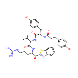 CC(C)[C@H](NC(=O)[C@H](Cc1ccc(O)cc1)NC(=O)CCc1ccc(O)cc1)C(=O)N[C@@H](CCCNC(=N)N)C(=O)c1nc2ccccc2s1 ZINC001772619916