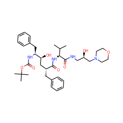 CC(C)[C@H](NC(=O)[C@H](Cc1ccccc1)C[C@H](O)[C@H](Cc1ccccc1)NC(=O)OC(C)(C)C)C(=O)NC[C@@H](O)CN1CCOCC1 ZINC000026716152