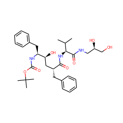 CC(C)[C@H](NC(=O)[C@H](Cc1ccccc1)C[C@H](O)[C@H](Cc1ccccc1)NC(=O)OC(C)(C)C)C(=O)NC[C@@H](O)CO ZINC000014943399