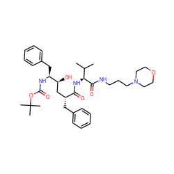 CC(C)[C@H](NC(=O)[C@H](Cc1ccccc1)C[C@H](O)[C@H](Cc1ccccc1)NC(=O)OC(C)(C)C)C(=O)NCCCN1CCOCC1 ZINC000026718236