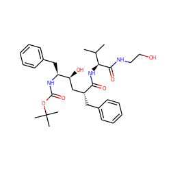 CC(C)[C@H](NC(=O)[C@H](Cc1ccccc1)C[C@H](O)[C@H](Cc1ccccc1)NC(=O)OC(C)(C)C)C(=O)NCCO ZINC000014943396