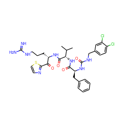 CC(C)[C@H](NC(=O)[C@H](Cc1ccccc1)NC(=O)NCc1ccc(Cl)c(Cl)c1)C(=O)N[C@@H](CCCNC(=N)N)C(=O)c1nccs1 ZINC000029125556