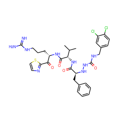 CC(C)[C@H](NC(=O)[C@H](Cc1ccccc1)NNC(=O)NCc1ccc(Cl)c(Cl)c1)C(=O)N[C@@H](CCCNC(=N)N)C(=O)c1nccs1 ZINC000037868450