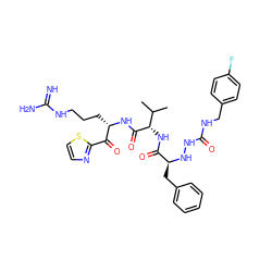 CC(C)[C@H](NC(=O)[C@H](Cc1ccccc1)NNC(=O)NCc1ccc(F)cc1)C(=O)N[C@@H](CCCNC(=N)N)C(=O)c1nccs1 ZINC000037868451