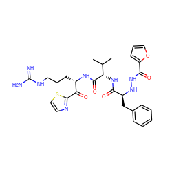 CC(C)[C@H](NC(=O)[C@H](Cc1ccccc1)NNC(=O)c1ccco1)C(=O)N[C@@H](CCCNC(=N)N)C(=O)c1nccs1 ZINC000036184949