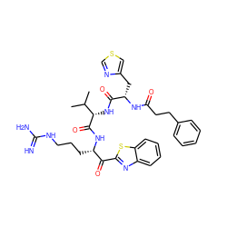 CC(C)[C@H](NC(=O)[C@H](Cc1cscn1)NC(=O)CCc1ccccc1)C(=O)N[C@@H](CCCNC(=N)N)C(=O)c1nc2ccccc2s1 ZINC001772628438