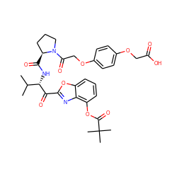 CC(C)[C@H](NC(=O)[C@H]1CCCN1C(=O)COc1ccc(OCC(=O)O)cc1)C(=O)c1nc2c(OC(=O)C(C)(C)C)cccc2o1 ZINC000027637426