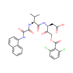 CC(C)[C@H](NC(=O)C(=O)Nc1cccc2ccccc12)C(=O)N[C@@H](CC(=O)O)C(=O)COC(=O)c1c(Cl)cccc1Cl ZINC000003934236