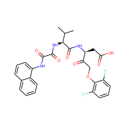 CC(C)[C@H](NC(=O)C(=O)Nc1cccc2ccccc12)C(=O)N[C@@H](CC(=O)O)C(=O)COc1c(F)cccc1F ZINC000026642288