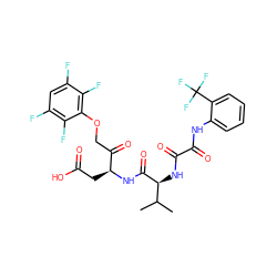 CC(C)[C@H](NC(=O)C(=O)Nc1ccccc1C(F)(F)F)C(=O)N[C@@H](CC(=O)O)C(=O)COc1c(F)c(F)cc(F)c1F ZINC000026649425