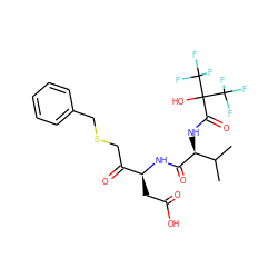 CC(C)[C@H](NC(=O)C(O)(C(F)(F)F)C(F)(F)F)C(=O)N[C@@H](CC(=O)O)C(=O)CSCc1ccccc1 ZINC000014947292