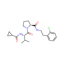 CC(C)[C@H](NC(=O)C1CC1)C(=O)N1CCC[C@H]1C(=O)NCCc1ccccc1Cl ZINC000095600396