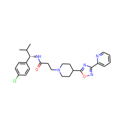 CC(C)[C@H](NC(=O)CCN1CCC(c2nc(-c3ccccn3)no2)CC1)c1ccc(Cl)cc1 ZINC000073222584