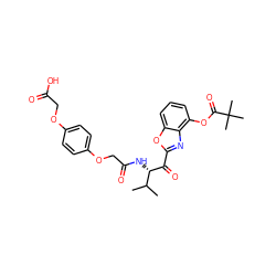 CC(C)[C@H](NC(=O)COc1ccc(OCC(=O)O)cc1)C(=O)c1nc2c(OC(=O)C(C)(C)C)cccc2o1 ZINC000013438232