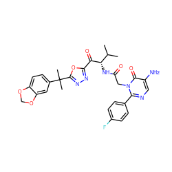 CC(C)[C@H](NC(=O)Cn1c(-c2ccc(F)cc2)ncc(N)c1=O)C(=O)c1nnc(C(C)(C)c2ccc3c(c2)OCO3)o1 ZINC000028263115