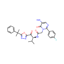 CC(C)[C@H](NC(=O)Cn1c(-c2ccc(F)cc2)ncc(N)c1=O)C(=O)c1nnc(C(C)(C)c2ccccc2)o1 ZINC000028262848