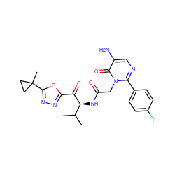 CC(C)[C@H](NC(=O)Cn1c(-c2ccc(F)cc2)ncc(N)c1=O)C(=O)c1nnc(C2(C)CC2)o1 ZINC000013835716