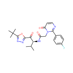 CC(C)[C@H](NC(=O)Cn1c(-c2ccc(F)cc2)nccc1=O)C(=O)c1nnc(C(C)(C)C)o1 ZINC000013835717