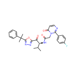 CC(C)[C@H](NC(=O)Cn1c(-c2ccc(F)cc2)nccc1=O)C(=O)c1nnc(C(C)(C)c2ccccc2)o1 ZINC000013862578