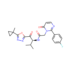 CC(C)[C@H](NC(=O)Cn1c(-c2ccc(F)cc2)nccc1=O)C(=O)c1nnc(C2(C)CC2)o1 ZINC000013862576