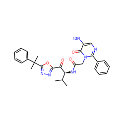 CC(C)[C@H](NC(=O)Cn1c(-c2ccccc2)ncc(N)c1=O)C(=O)c1nnc(C(C)(C)c2ccccc2)o1 ZINC000013862574