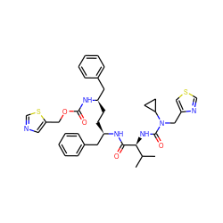 CC(C)[C@H](NC(=O)N(Cc1cscn1)C1CC1)C(=O)N[C@H](CC[C@H](Cc1ccccc1)NC(=O)OCc1cncs1)Cc1ccccc1 ZINC000150604078