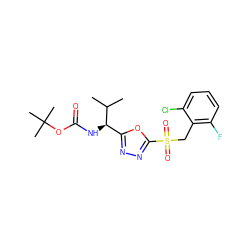 CC(C)[C@H](NC(=O)OC(C)(C)C)c1nnc(S(=O)(=O)Cc2c(F)cccc2Cl)o1 ZINC000002410151