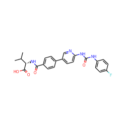 CC(C)[C@H](NC(=O)c1ccc(-c2ccc(NC(=O)Nc3ccc(F)cc3)nc2)cc1)C(=O)O ZINC000072126085