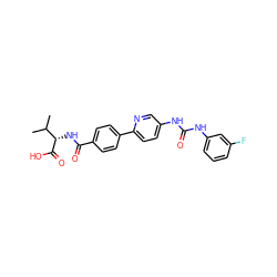 CC(C)[C@H](NC(=O)c1ccc(-c2ccc(NC(=O)Nc3cccc(F)c3)cn2)cc1)C(=O)O ZINC000072125825