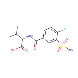 CC(C)[C@H](NC(=O)c1ccc(Cl)c(S(N)(=O)=O)c1)C(=O)O ZINC000029476525