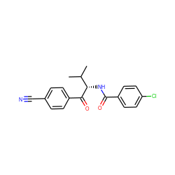 CC(C)[C@H](NC(=O)c1ccc(Cl)cc1)C(=O)c1ccc(C#N)cc1 ZINC000084688680