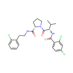 CC(C)[C@H](NC(=O)c1ccc(Cl)cc1Cl)C(=O)N1CCC[C@H]1C(=O)NCCc1ccccc1Cl ZINC000095600454