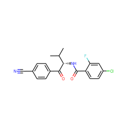 CC(C)[C@H](NC(=O)c1ccc(Cl)cc1F)C(=O)c1ccc(C#N)cc1 ZINC000084688686